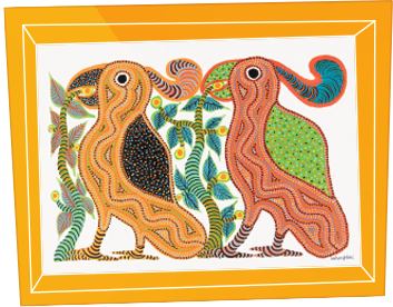 Gond painting of two patterned birds among leaves
